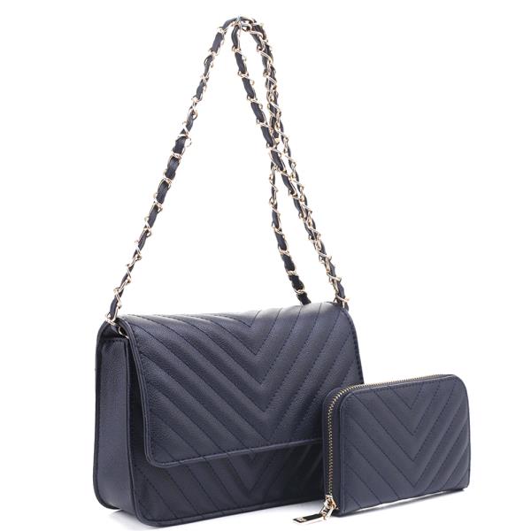 2IN1 QUILTED V DESIGN CROSSBODY BAG WITH MATCHING WALLET SET