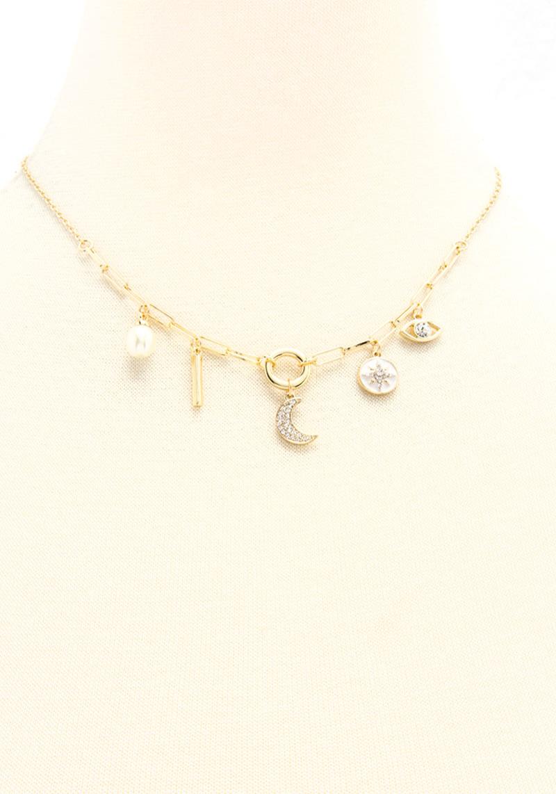 FASHION METAL MULTI STAR & MOON DANGLE NECKLACE