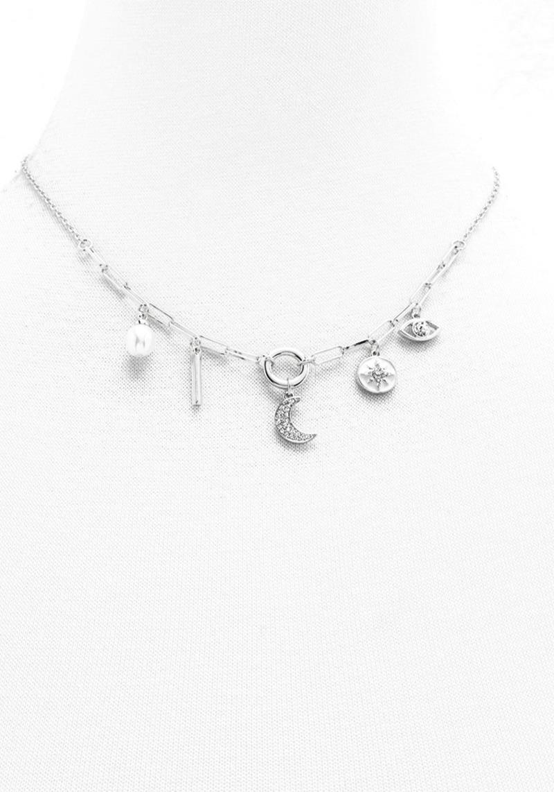 FASHION METAL MULTI STAR & MOON DANGLE NECKLACE