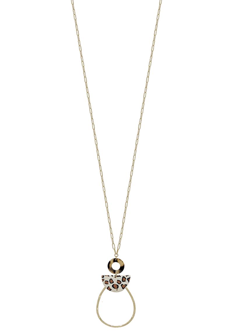 ACETATE ROUND HALF MOON LEOPARD PENDANT LONG NECKLACE