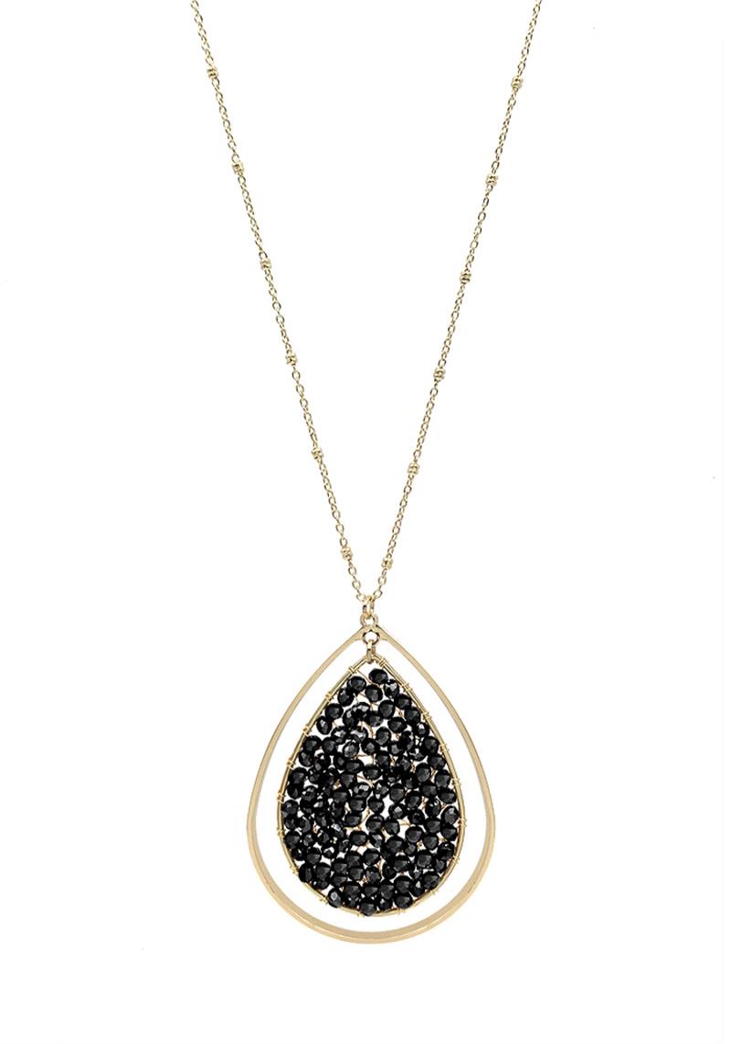 FASHION TEARDROP GLASS BEAD PENDANT LONG NECKLACE