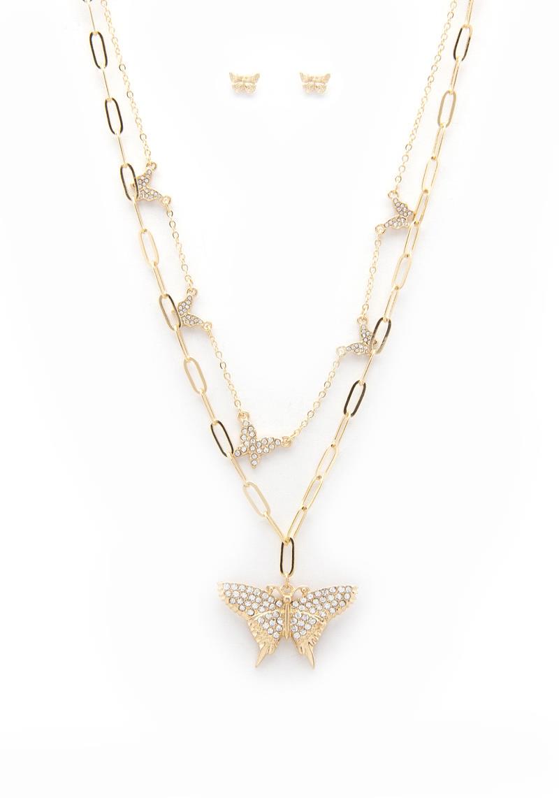 BUTTERFLY RHINESTONE PENDANT OVAL LINK LAYERED NECKLACE