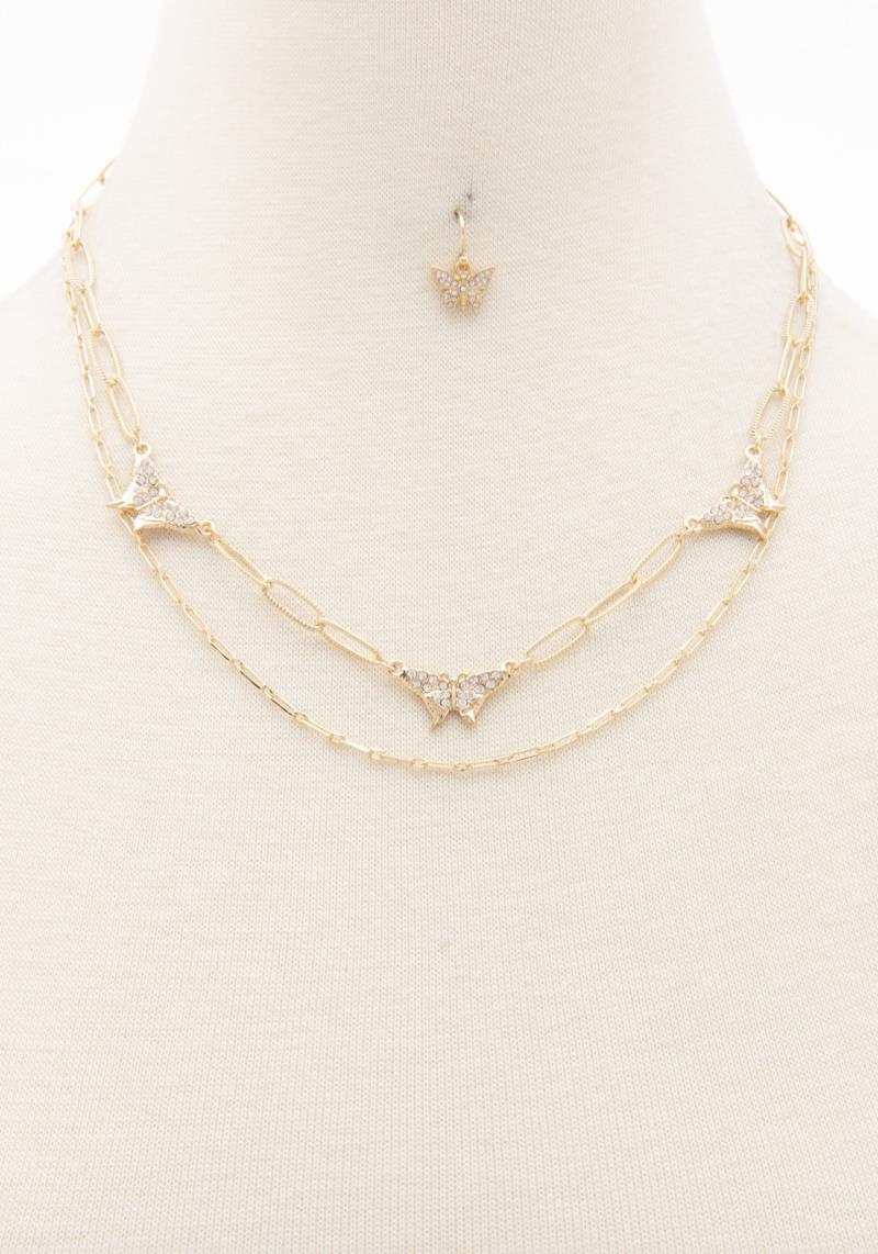 BUTTERFLY CHARM OVAL LINK LAYERED NECKLACE