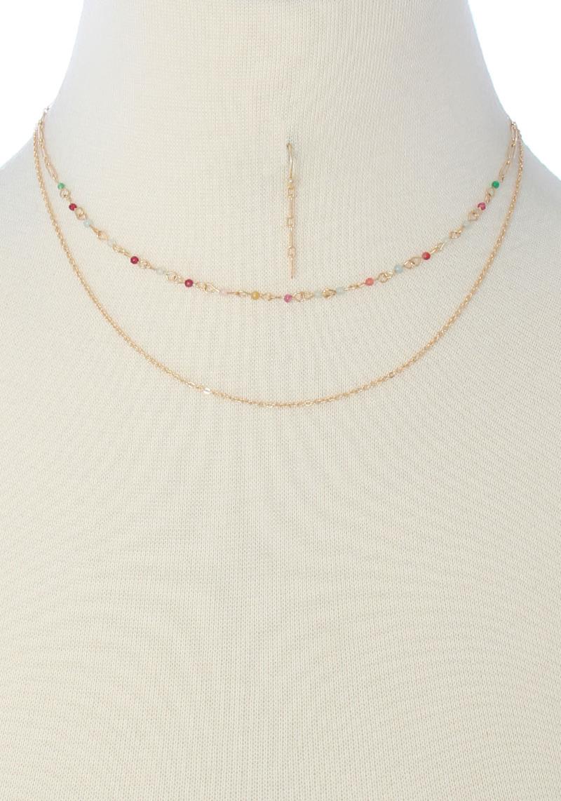 2 LAYERED METAL CHAIN GLASS BEAD NECKLACE EARRING SET