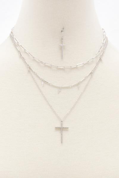 3 LAYERED METAL CHAIN CROSS PENDANT NECKLACE EARRING SET