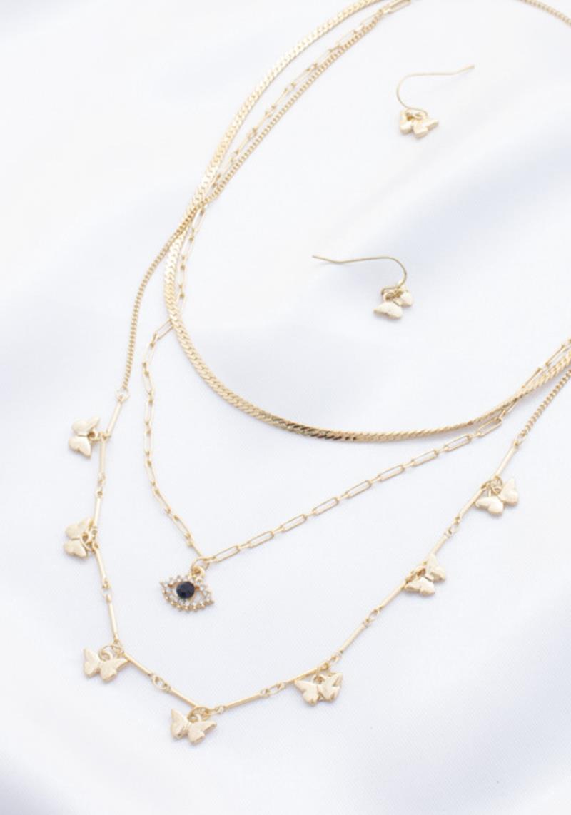 3 LAYERED METAL BUTTERFLY EYE PENDANT NECKLACE EARRING SET