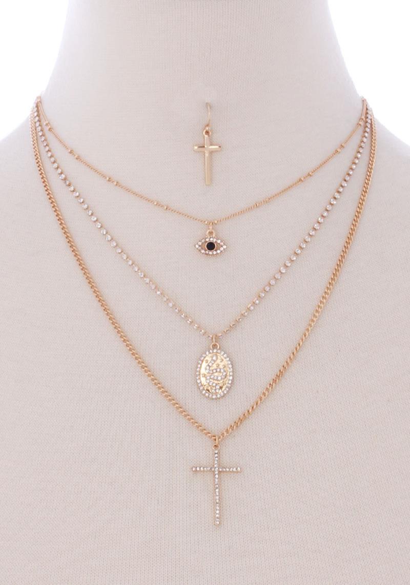 3 LAYERED METAL CROSS EYE PENDANT NECKLACE EARRING SET