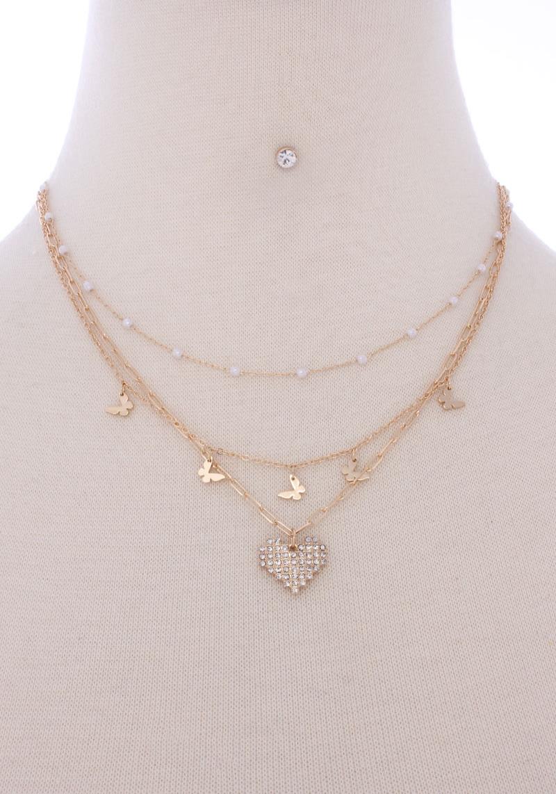 3 LAYERED METAL CHAIN HEART PENDANT NECKLACE EARRING SET