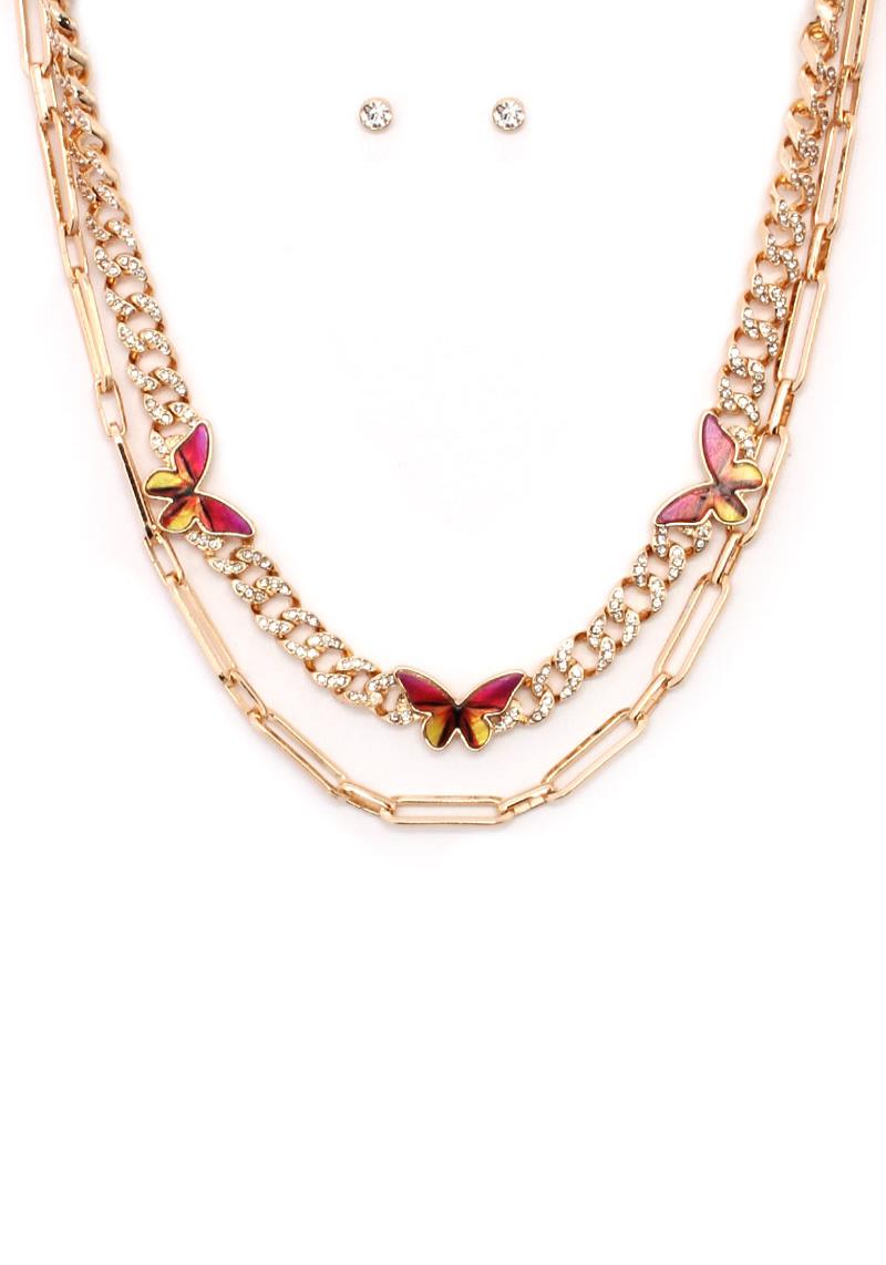 2 LAYERED METAL BUTTERFLY RHINESTONE PAVE NECKLACE