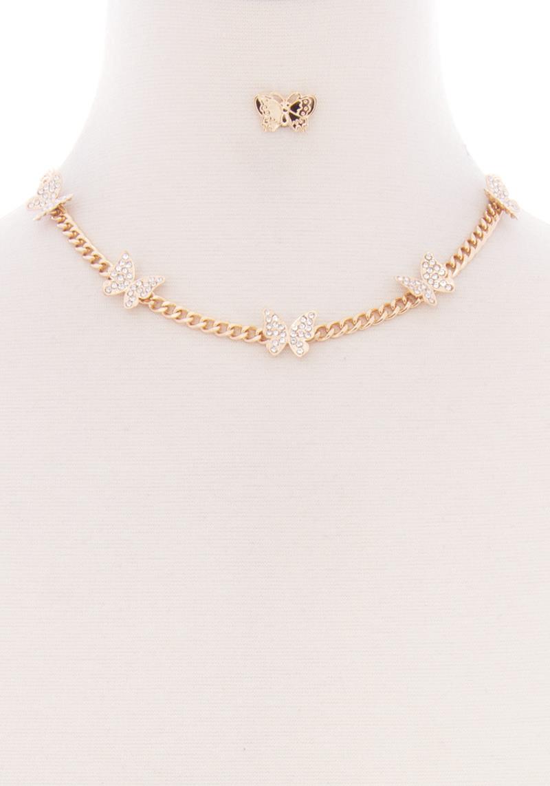 BUTTERFLY METAL CHAIN SHORT NECKLACE EARRING SET