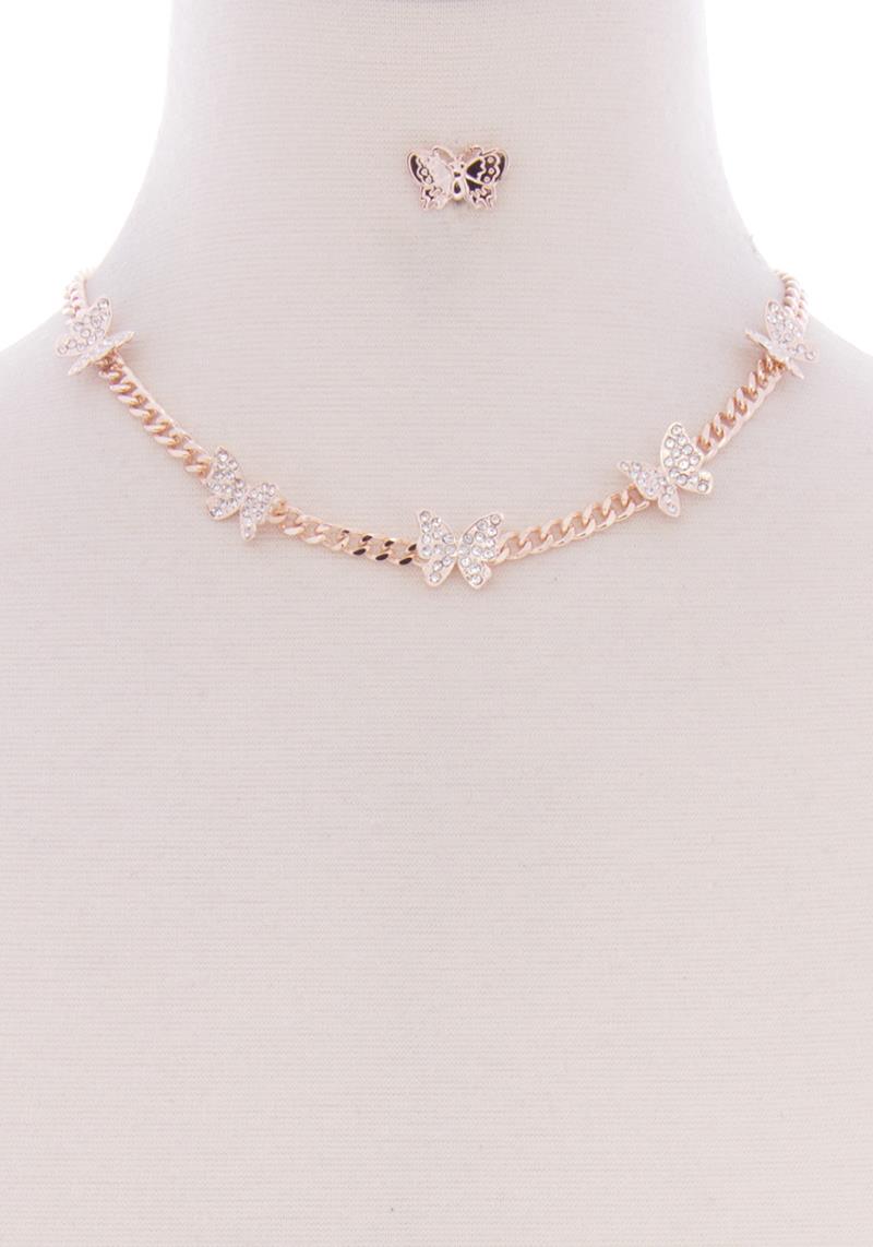 BUTTERFLY METAL CHAIN SHORT NECKLACE EARRING SET