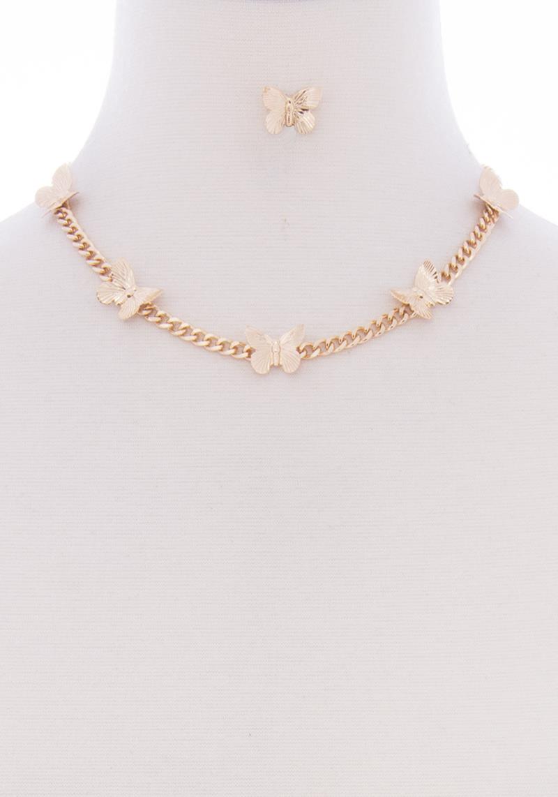 BUTTERFLY METAL CHAIN SHORT NECKLACE EARRING SET