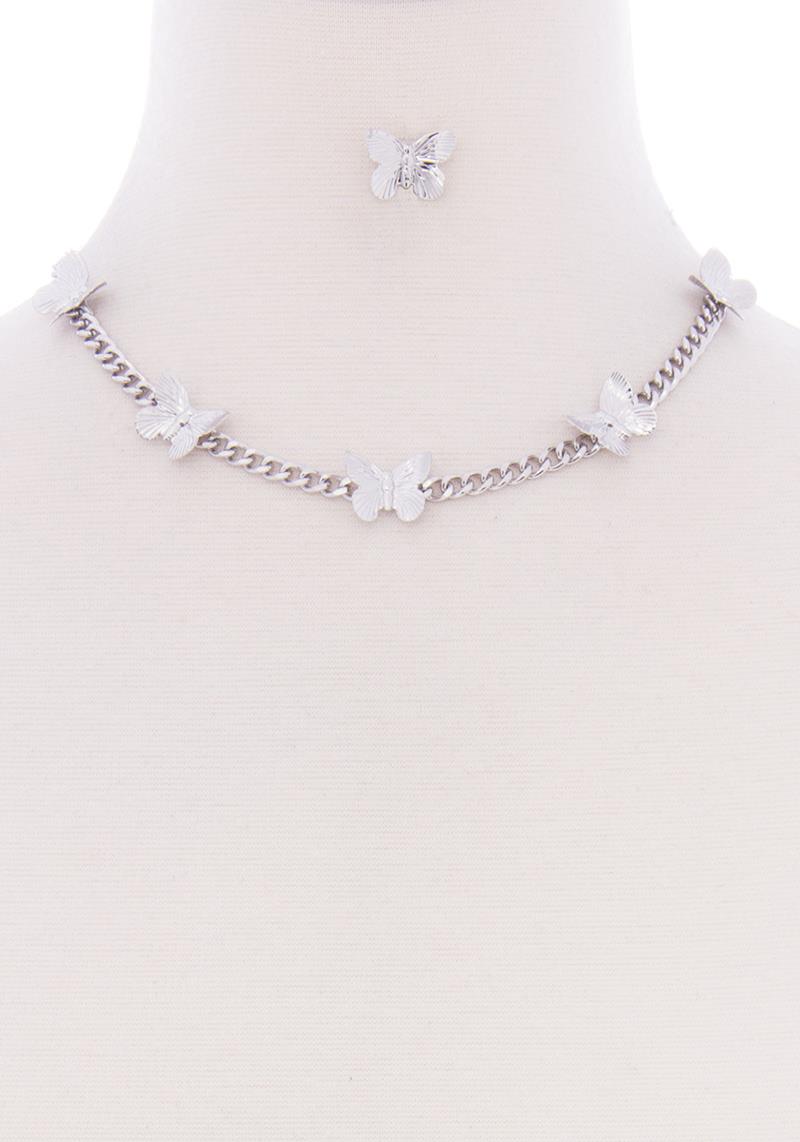 BUTTERFLY METAL CHAIN SHORT NECKLACE EARRING SET