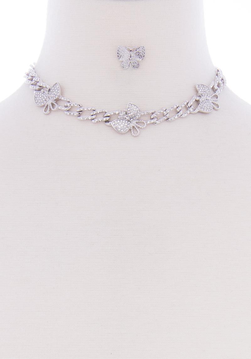 BUTTERFLY METAL STONE STUD LINK CHAIN NECKLACE EARRING SET