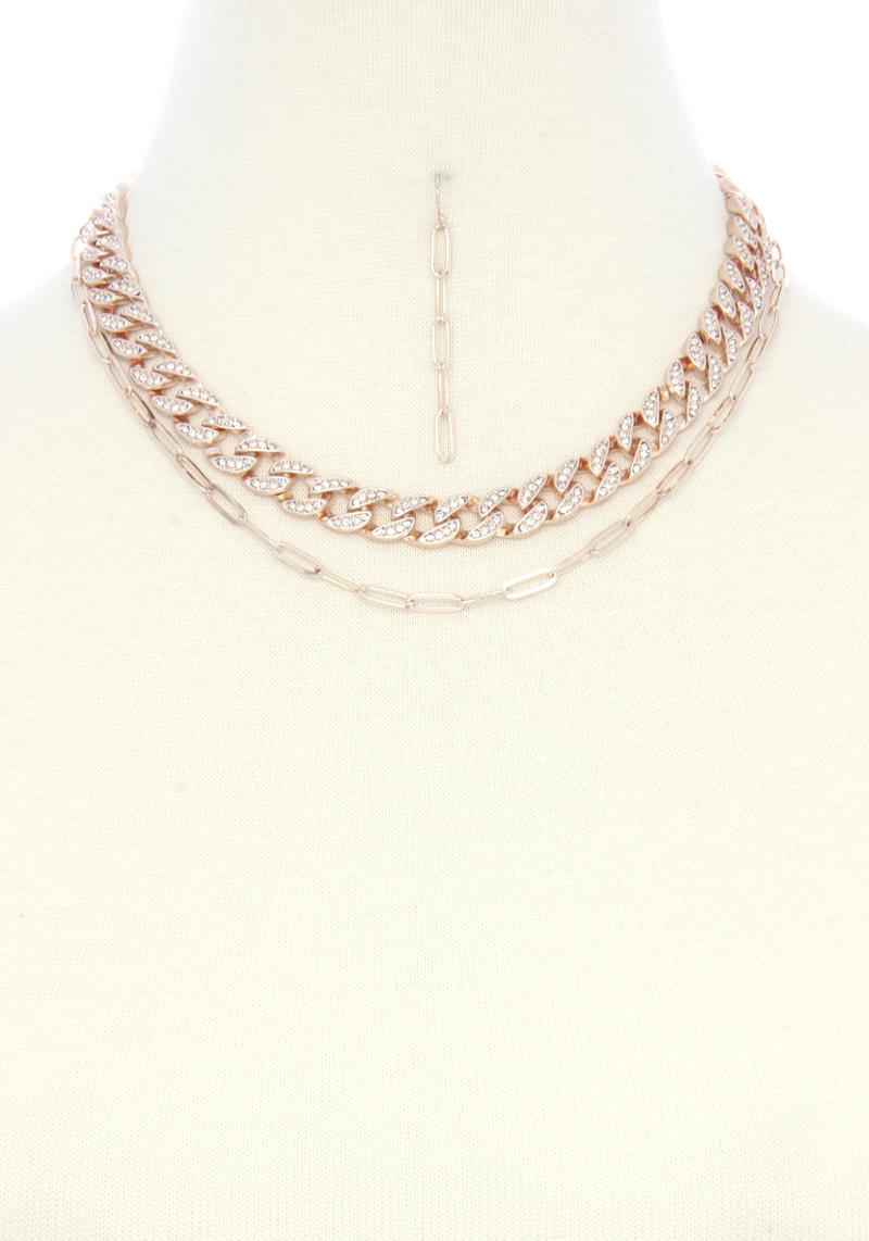 2 LAYERED CHUNKY STONE METAL LINK CHAIN NECKLACE EARRING SET