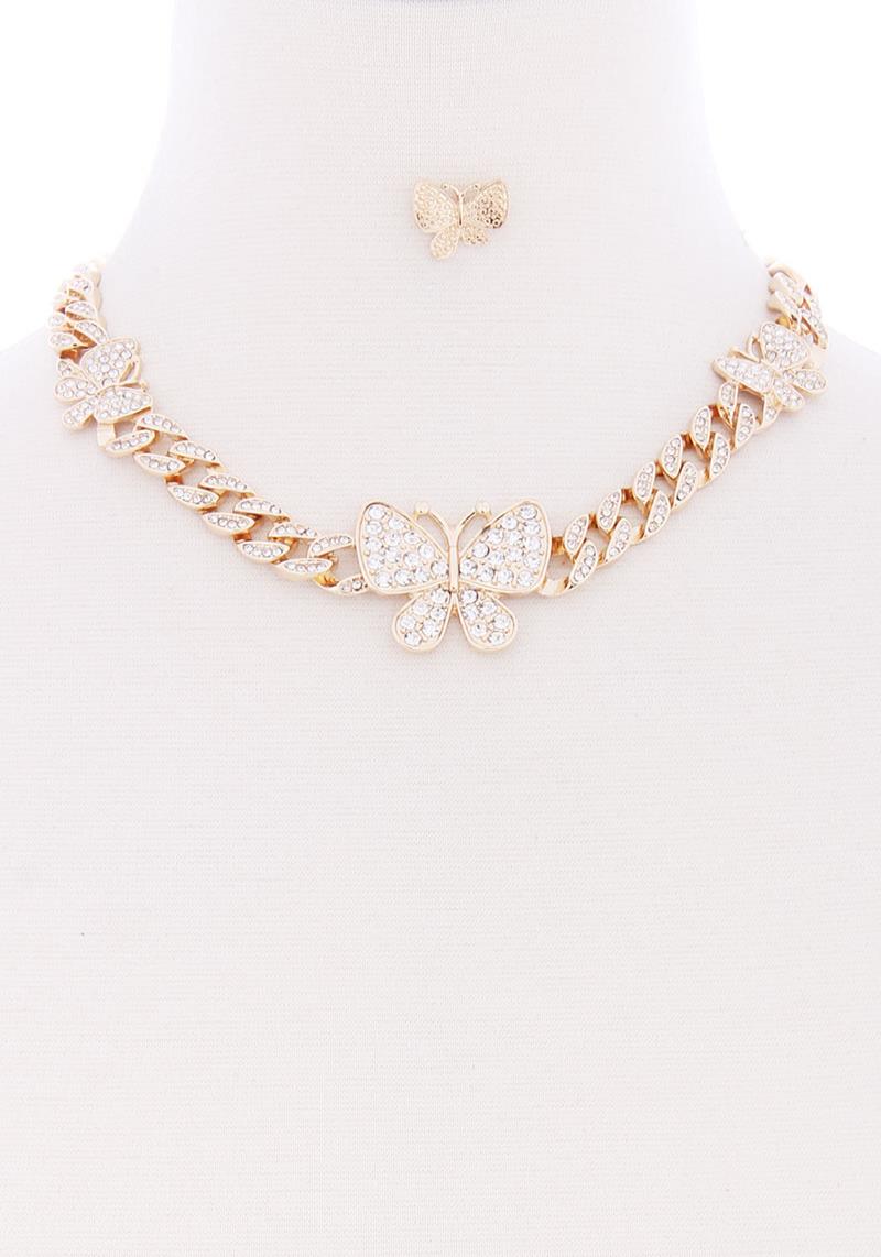 CHUNKY METAL STONE CHAIN WITH BUTTERFLY POINT NECKLACE EARRING SET