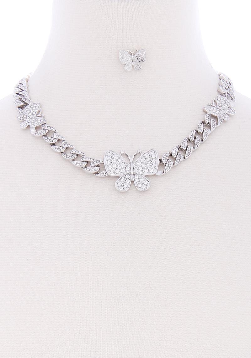 CHUNKY METAL STONE CHAIN WITH BUTTERFLY POINT NECKLACE EARRING SET