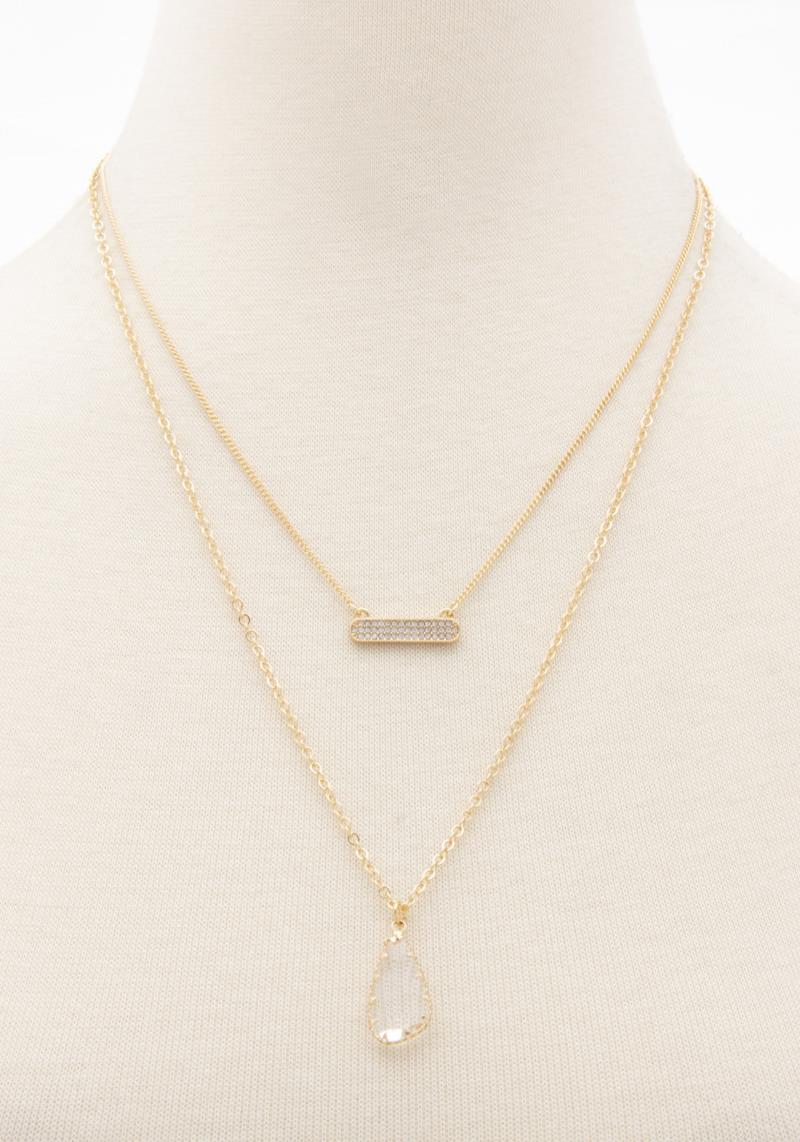 CLEAR FAUX STONE OVAL BAR LAYERED NECKLACE