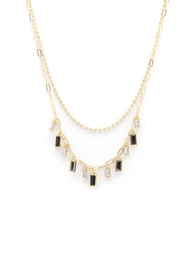 RECTANGLE STONE BALL BEAD LAYERED NECKLACE
