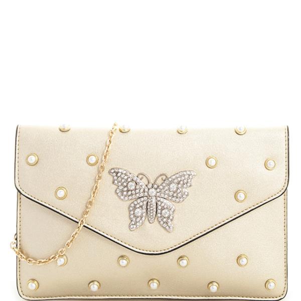 RHINESTONE BUTTERFLY PEARL STUDDED FLAP CROSSBODY BAG