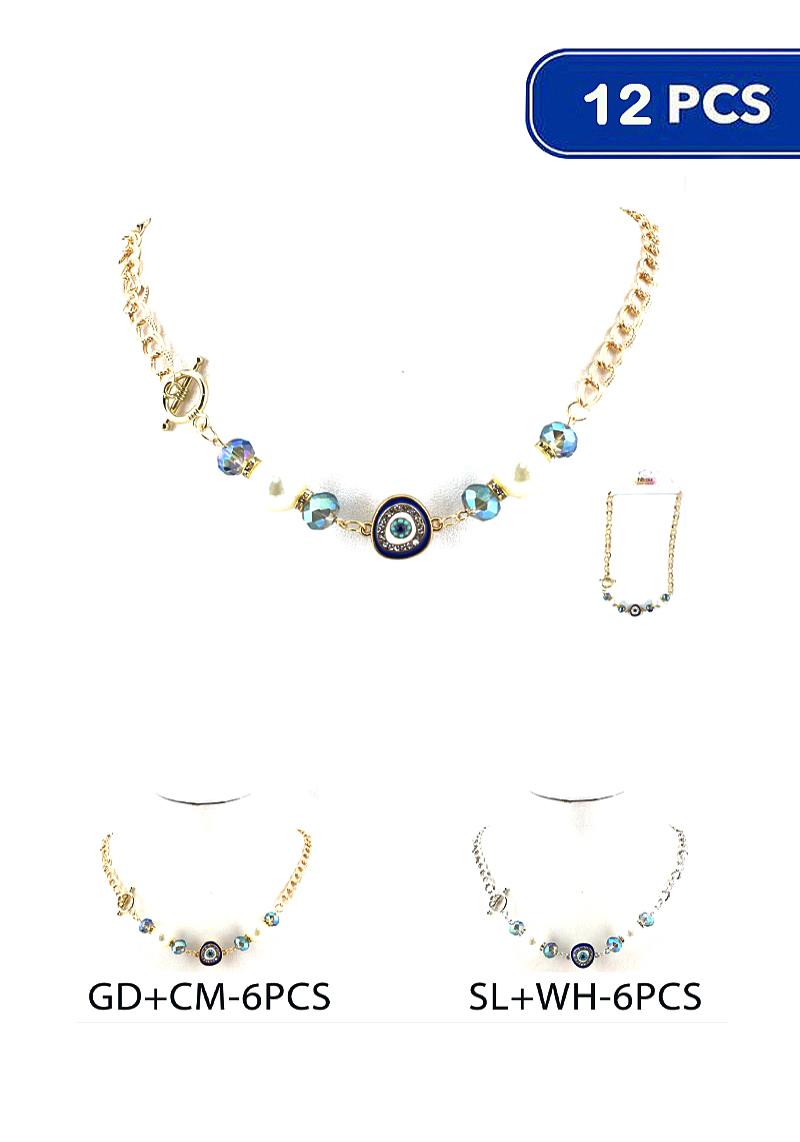 STYLISH RHINESTONE OVAL EYE CRYSTAL LINK METAL NECKLACE (12 UNITS)