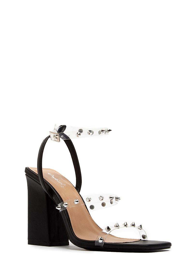 TRENDY CLEAR STUD BUCKLE STRAP THICK SQUARE HEEL
