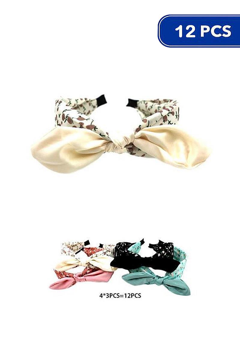 SILK COLOR FLORAL PRINT BOW TIE HAIR HEADBAND (12 UNITS)