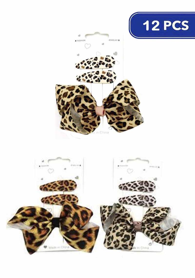 FASHION LEOPARD RIBBON HAIR PIN 3 PC SET (12 UNITS)