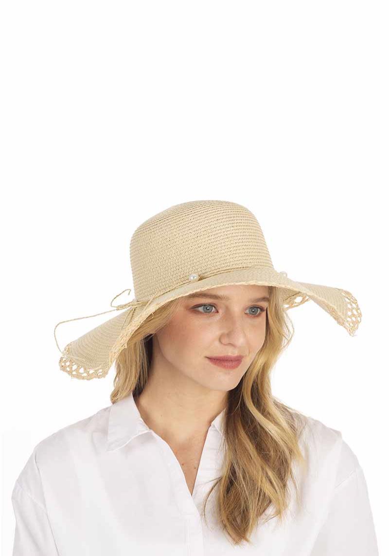 FASHION STRAW PEARL STRAPS SUN HAT