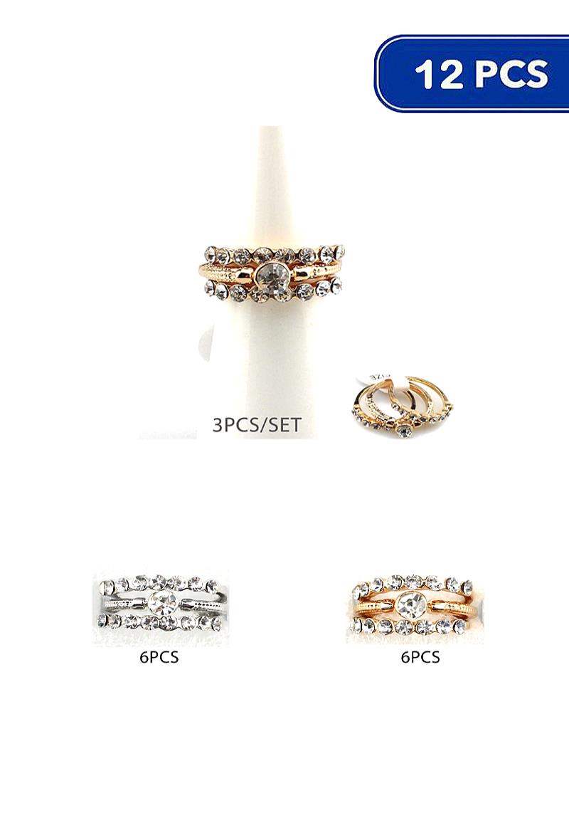 FASHION METAL RHINESTONE CRYSTAL 3 PC RING SET (12 UNITS)