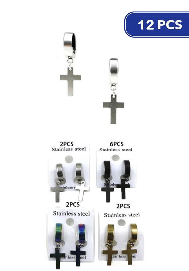 FASHION STAINLESS STEEL CROSS DANGLE EARRING (12 UNITS)