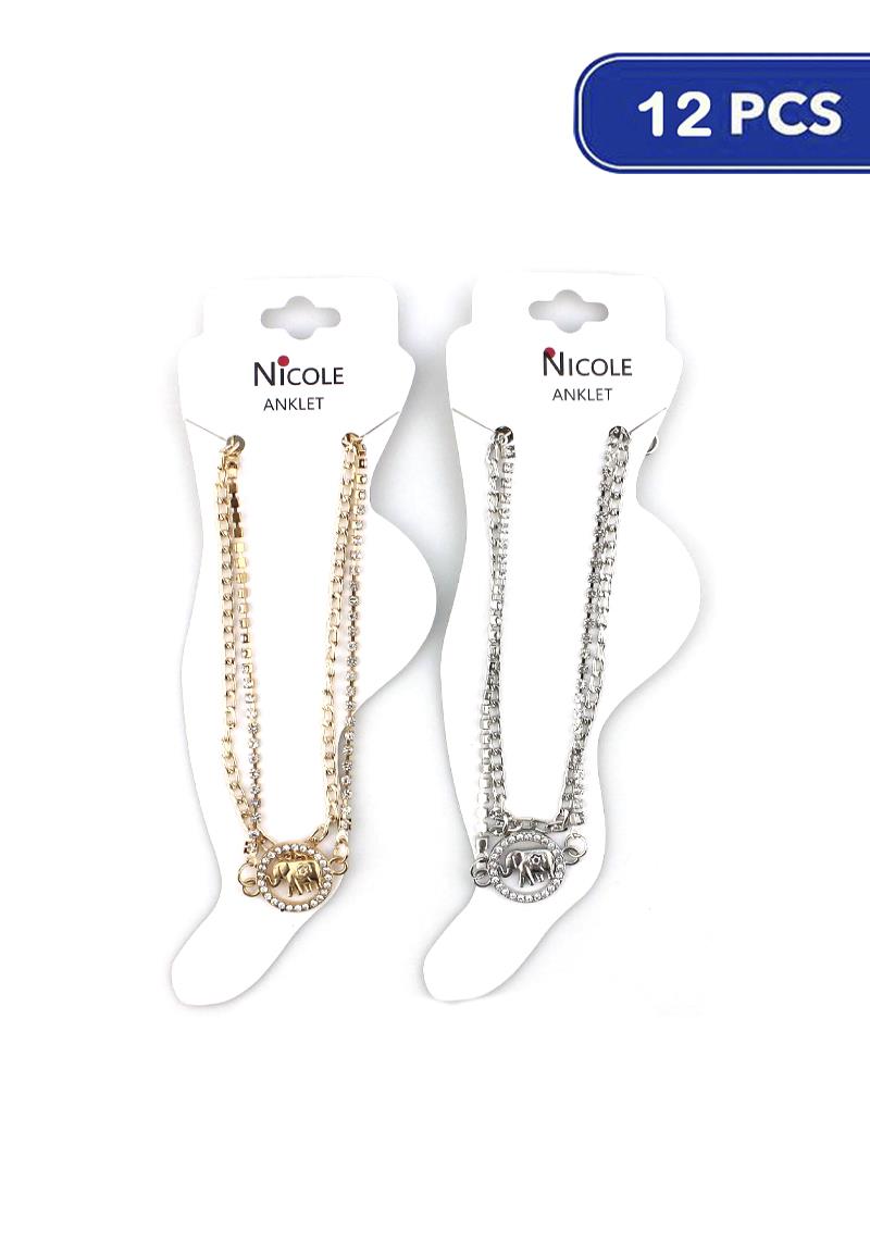 FASHION 2 LAYERED METAL CHAIN ELEPHANT CHARM ANKLET (12 UNITS)