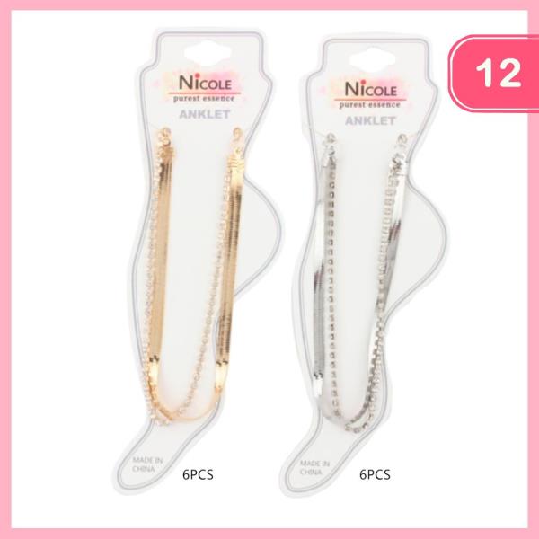 LAYERED METAL & RHINESTONE CHAIN ANKLET (12 UNITS)