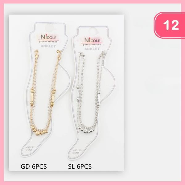 STYLISH DOUBLE LAYER RHINESTONE CRYSTAL METAL BALL ANKLET (12 UNITS)