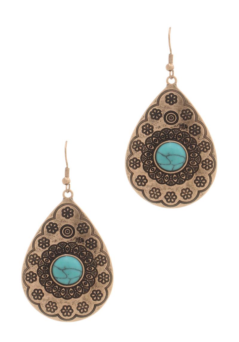 BOHEMIAN STYLE TEARDROP TQ STONE HOOK EARRING