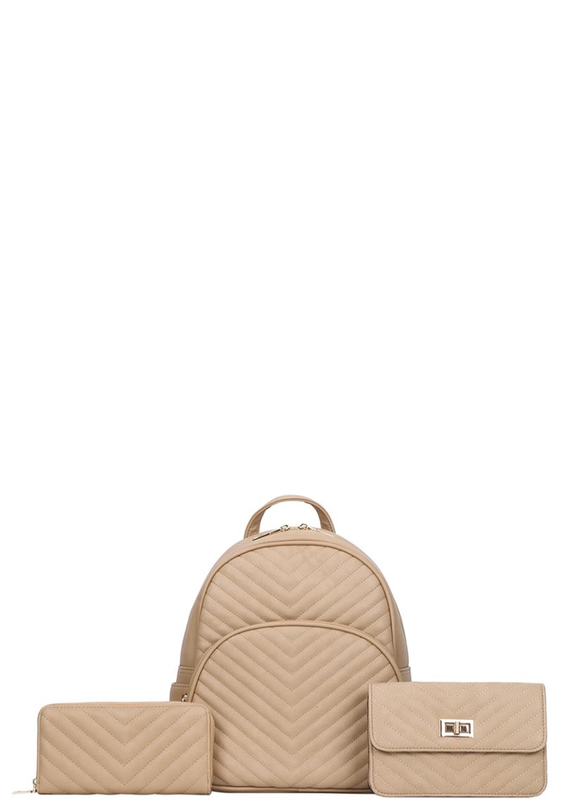 3IN1 PLAIN V STITCH BACKPACK WITH CLUTCH AND WALLET SET