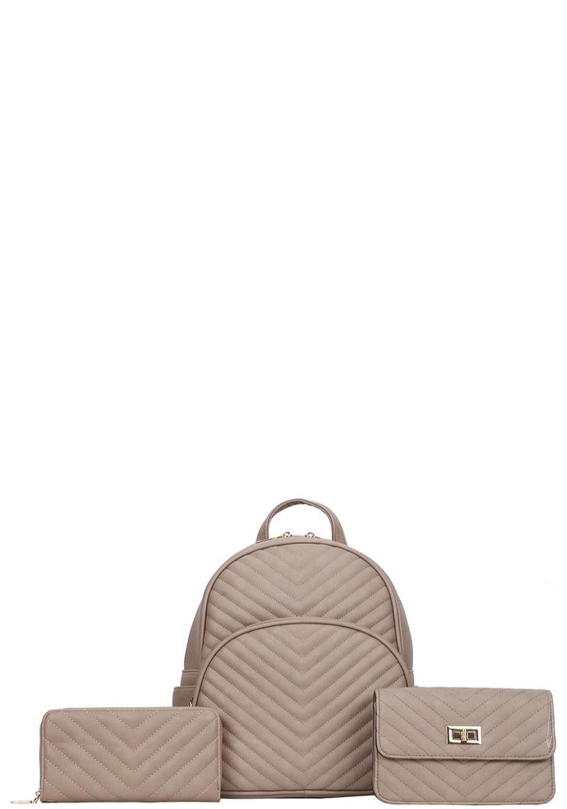 3IN1 PLAIN V STITCH BACKPACK WITH CLUTCH AND WALLET SET