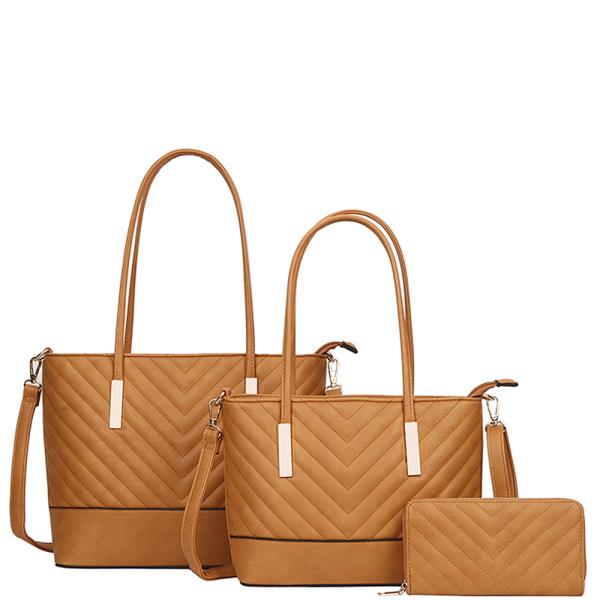 3IN1 PLAIN V STITCHING TOTE BAG WITH MATCHING BAG AND WALLET SET