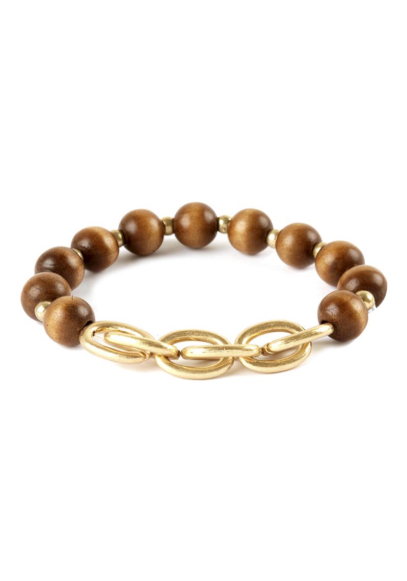 WOOD BEAD METAL CHAIN BRACELET