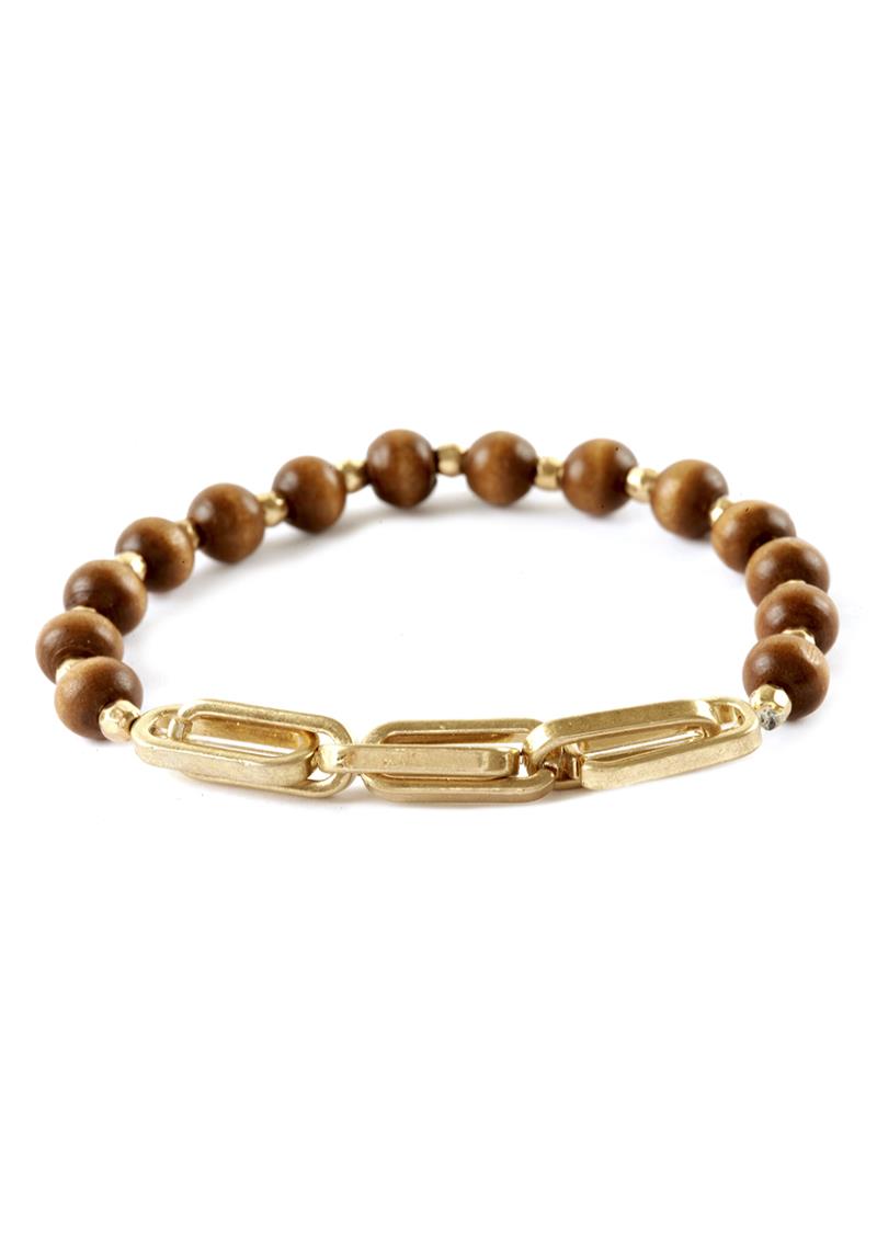 WOOD BALL METAL CHAIN BRACELET