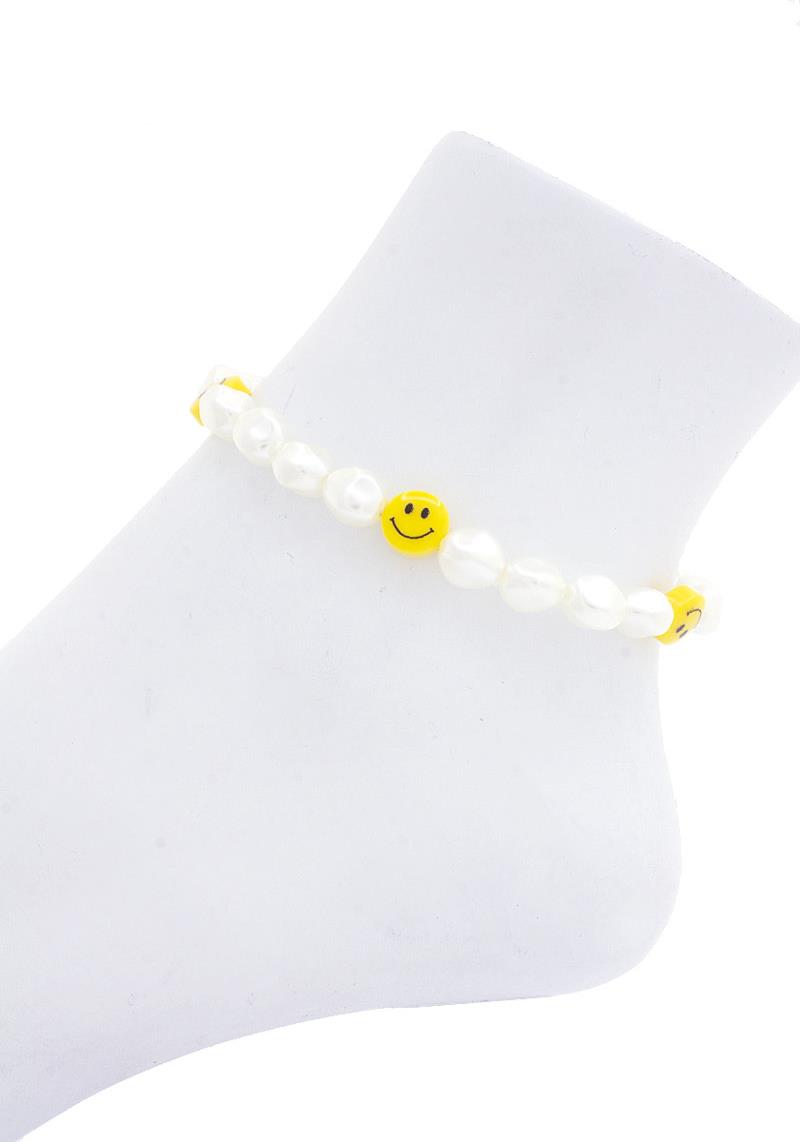HAPPY FACE CHARM PEARL BEAD ANKLET