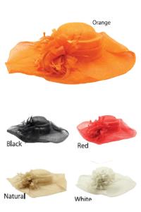 LARGE BRIM SINAMAY HAT WITH PLEATED BRIM, SINAMAY FLORAL & FEATHER TRIMS