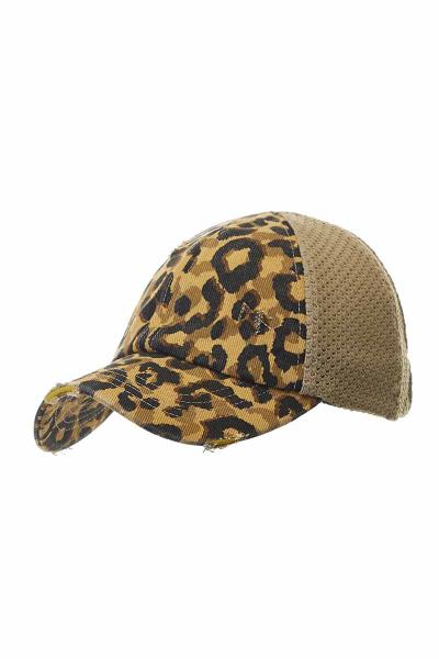 LEOPARD DISTRESSED DENIM PONY CAP WITH STRETCH MESH