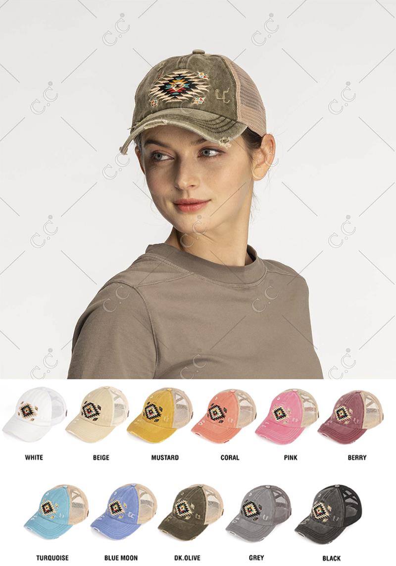 DISTRESSED AZTEC PATCH CRISS-CROSS PONY CAP