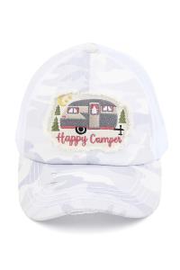 DISTRESSED EMBROIDERED HAPPY CAMPER PATCH PONY CAP