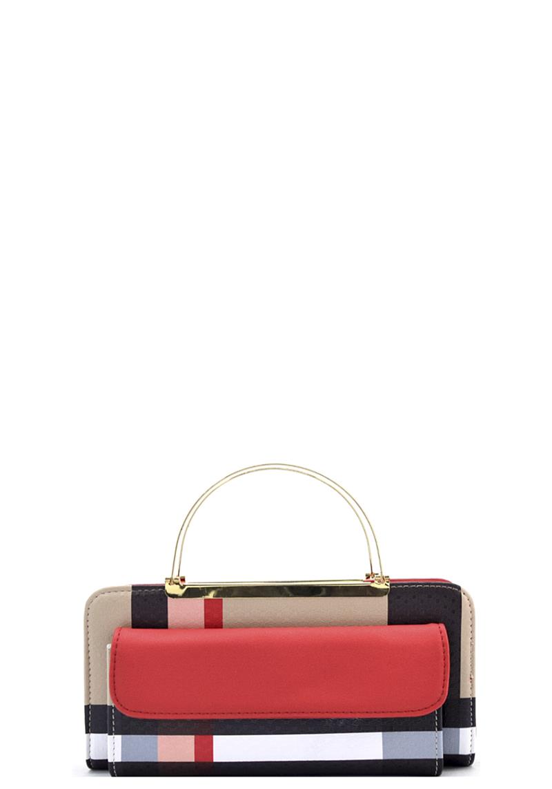 SMOOTH PLAID METAL HANDLE HAND CLUTCH WALLET
