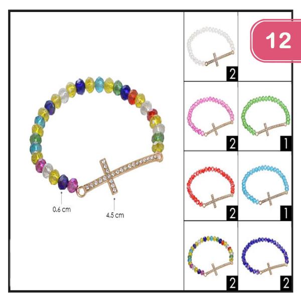 FASHION CRYSTAL CUT BEAD CROSS BRACELET (12 UNITS)