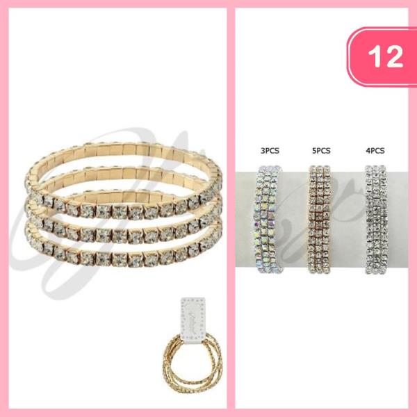 RHINESTONE METAL 3 PAIR BRACELET SET (12 UNITS)