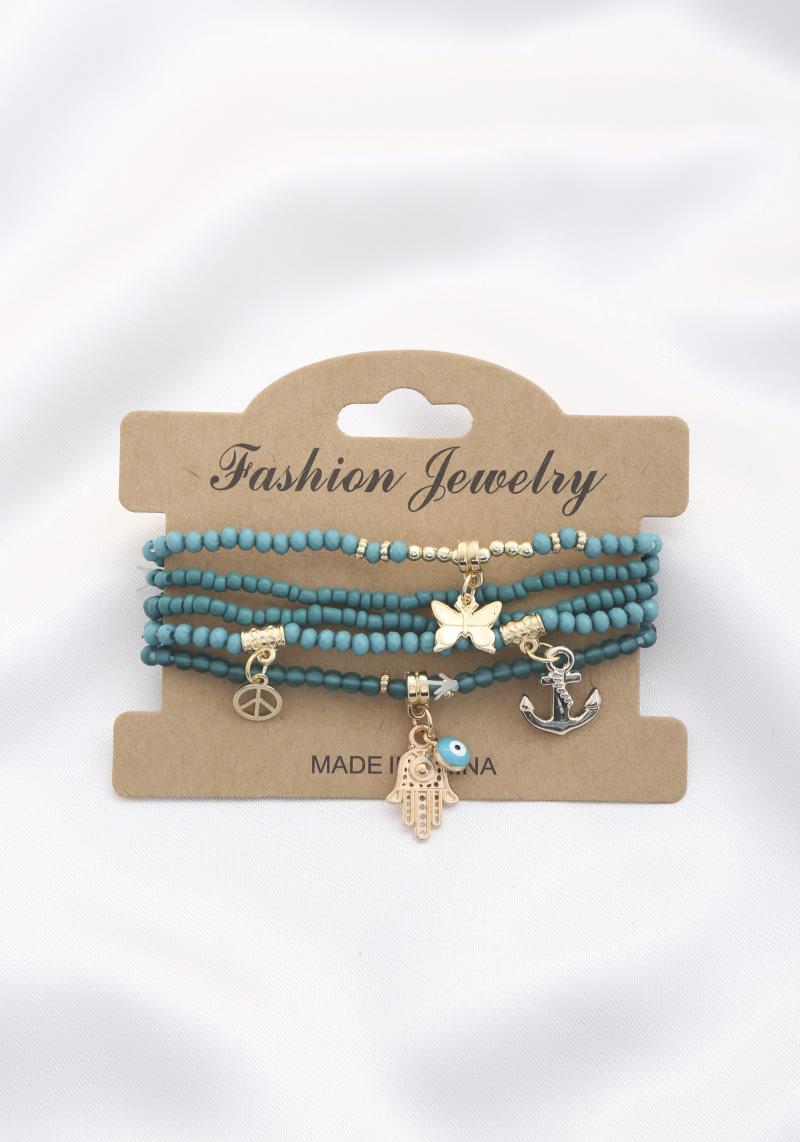 PEACE SIGN HAMSA HAND CHARM BEADED BRACELET SET