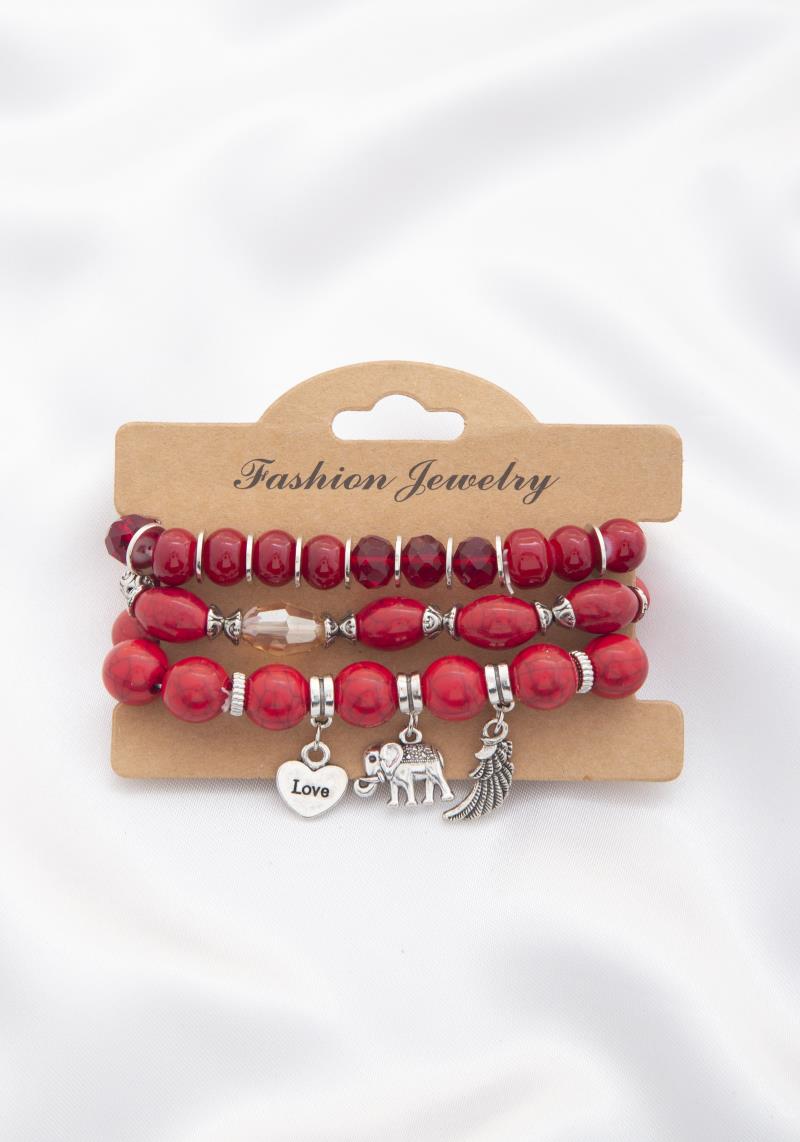 LOVE HEART CHARM BEADED BRACELET SET